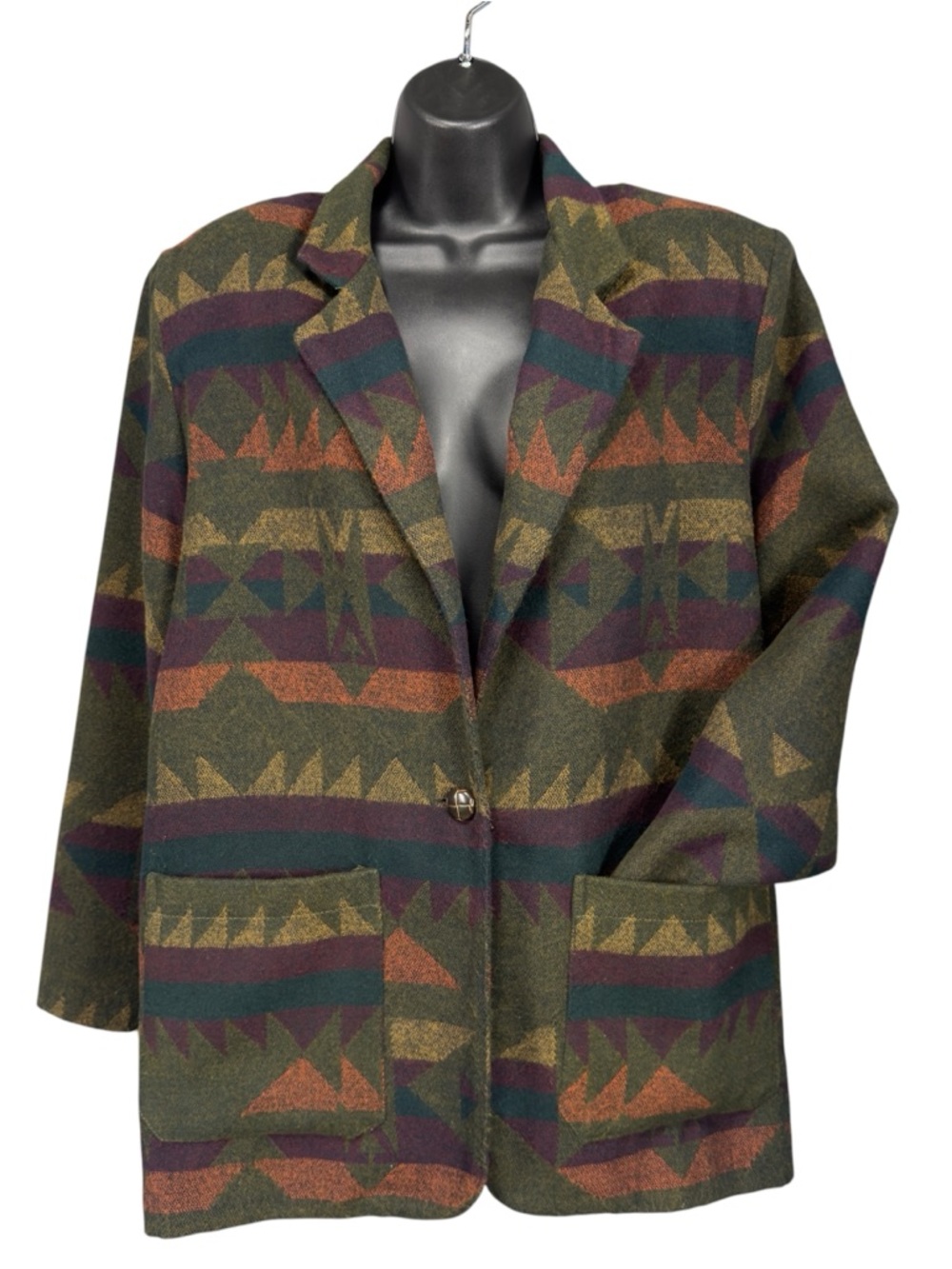 Vintage Reitmans Aztec Pattern Single-Button Blazer, Olive Multi, size Medium